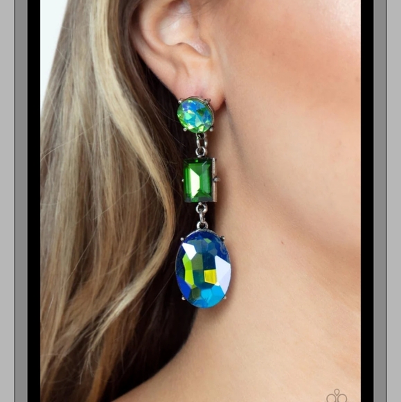 Paparazzi Extra Envious Green and Blue in Silver Earrings - Picture 7 of 7